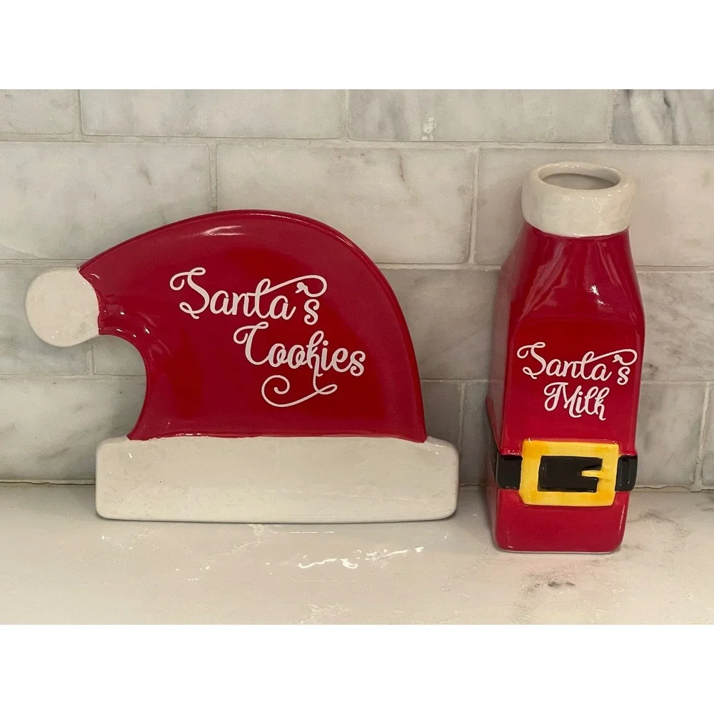 Santa Cookies &‎ Milk Jug Cookie Plate Set Christmas Holiday Ceramic